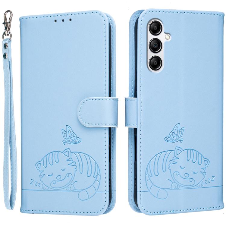 Custodia per telefono in ecopelle con cinturino e stampa a rilievo di gatto e farfalla, con protezione RFID., For Galaxy A54 5G, For Galaxy A14 5G