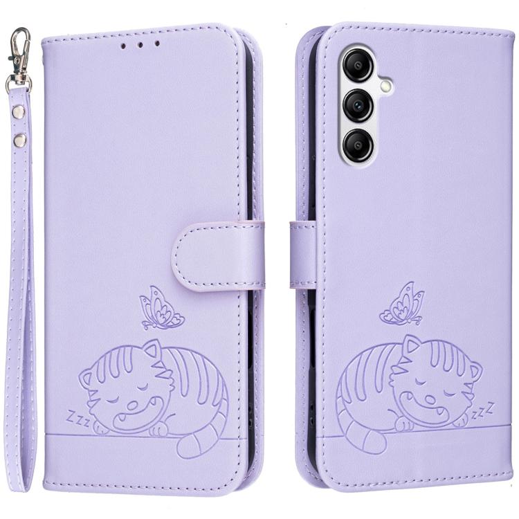 Custodia per telefono in ecopelle con cinturino e stampa a rilievo di gatto e farfalla, con protezione RFID., For Galaxy A54 5G, For Galaxy A14 5G