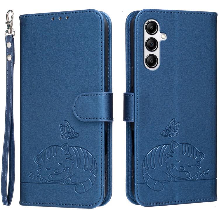 Custodia per telefono in ecopelle con cinturino e stampa a rilievo di gatto e farfalla, con protezione RFID., For Galaxy A54 5G, For Galaxy A14 5G