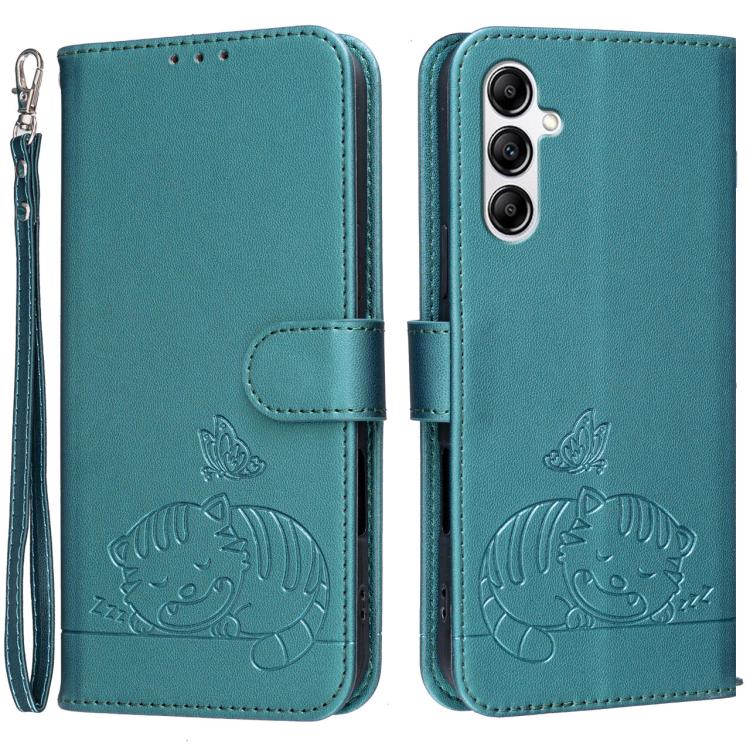 Custodia per telefono in ecopelle con cinturino e stampa a rilievo di gatto e farfalla, con protezione RFID., For Galaxy A54 5G, For Galaxy A14 5G