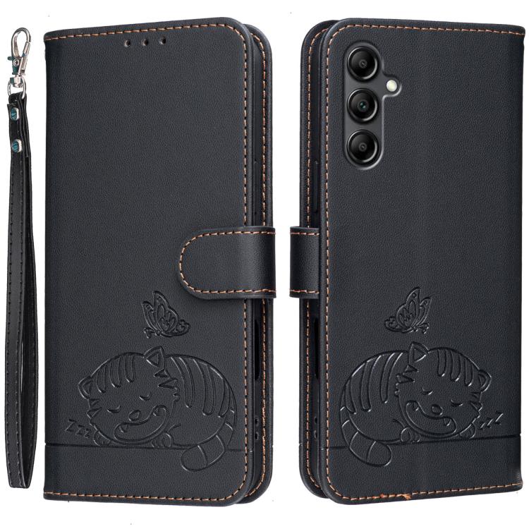 Custodia per telefono in ecopelle con cinturino e stampa a rilievo di gatto e farfalla, con protezione RFID., For Galaxy A16 5G / 4G, For Galaxy A15 5G, For Galaxy A55 5G