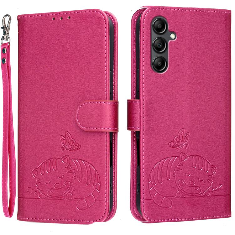 Custodia per telefono in ecopelle con cinturino e stampa a rilievo di gatto e farfalla, con protezione RFID., For Galaxy A16 5G / 4G, For Galaxy A15 5G, For Galaxy A55 5G