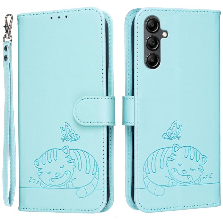 Custodia per telefono in ecopelle con cinturino e stampa a rilievo di gatto e farfalla, con protezione RFID., For Galaxy A16 5G / 4G, For Galaxy A15 5G, For Galaxy A55 5G