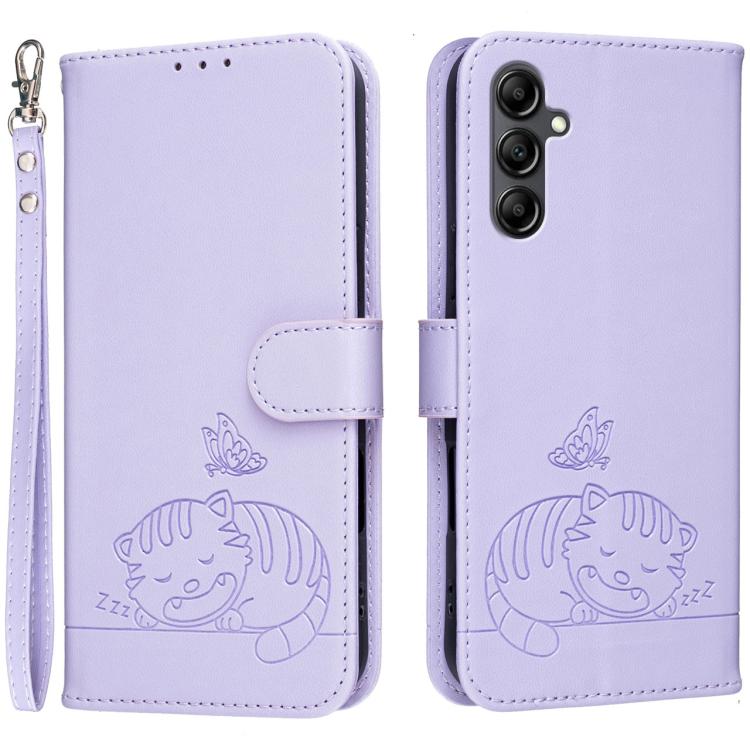 Custodia per telefono in ecopelle con cinturino e stampa a rilievo di gatto e farfalla, con protezione RFID., For Galaxy A16 5G / 4G, For Galaxy A15 5G, For Galaxy A55 5G
