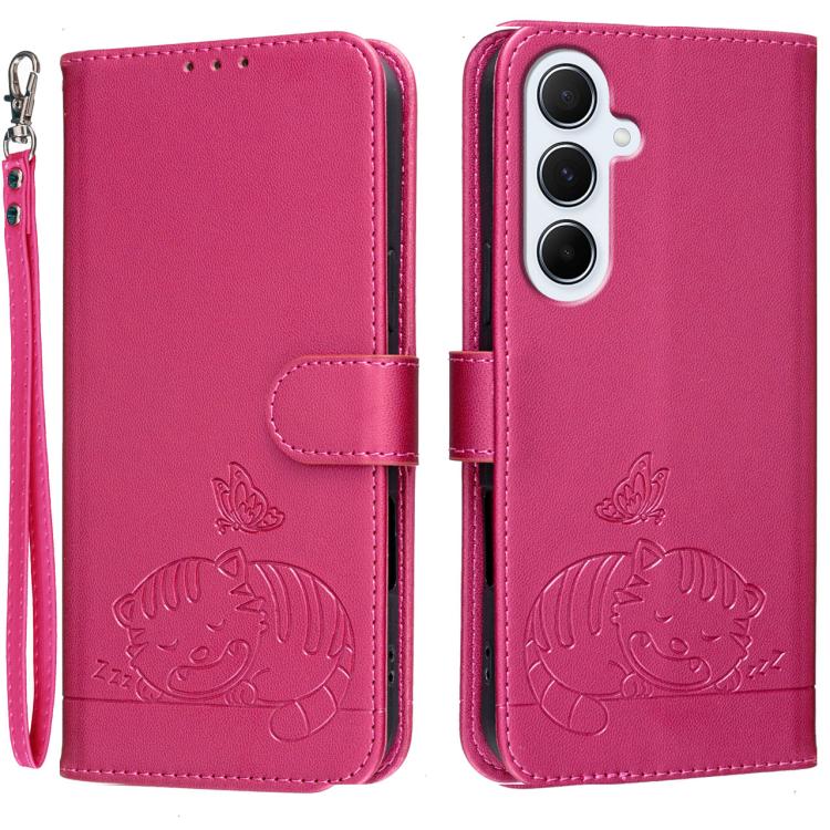 Custodia per telefono in ecopelle con cinturino e stampa a rilievo di gatto e farfalla, con protezione RFID., For Galaxy A07 5G / 4G, For Galaxy A17 5G, For Galaxy A06 5G / 4G