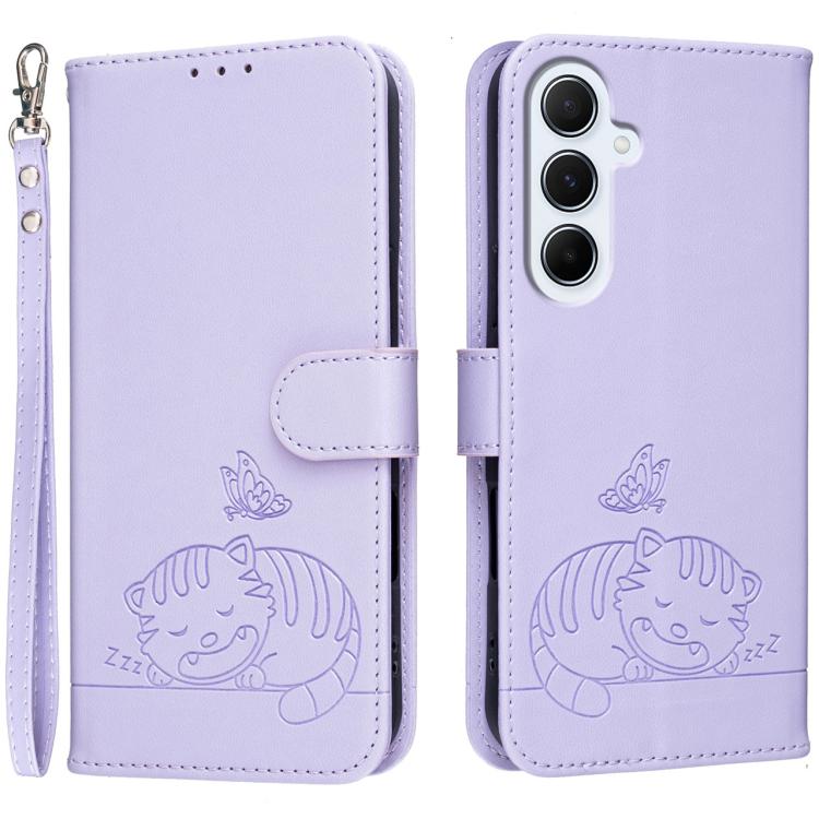 Custodia per telefono in ecopelle con cinturino e stampa a rilievo di gatto e farfalla, con protezione RFID., For Galaxy A07 5G / 4G, For Galaxy A17 5G, For Galaxy A06 5G / 4G