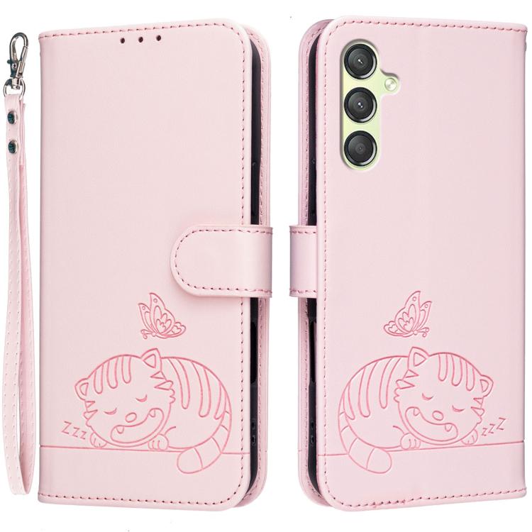 Custodia per telefono in ecopelle con cinturino e stampa a rilievo di gatto e farfalla, con protezione RFID., For Galaxy A25 5G, For Galaxy A24 4G, For Galaxy A34 5G