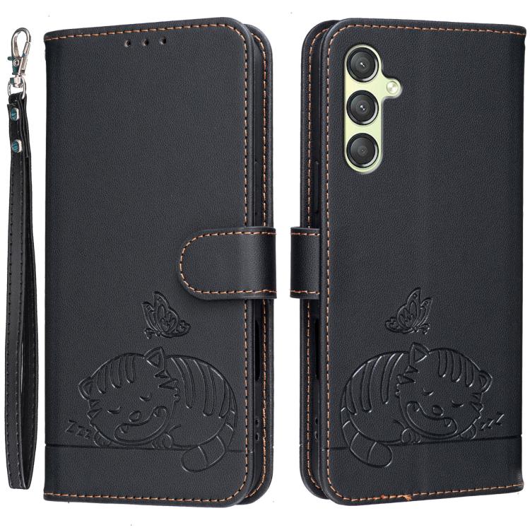 Custodia per telefono in ecopelle con cinturino e stampa a rilievo di gatto e farfalla, con protezione RFID., For Galaxy A25 5G, For Galaxy A24 4G, For Galaxy A34 5G