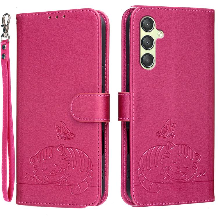 Custodia per telefono in ecopelle con cinturino e stampa a rilievo di gatto e farfalla, con protezione RFID., For Galaxy A25 5G, For Galaxy A24 4G, For Galaxy A34 5G