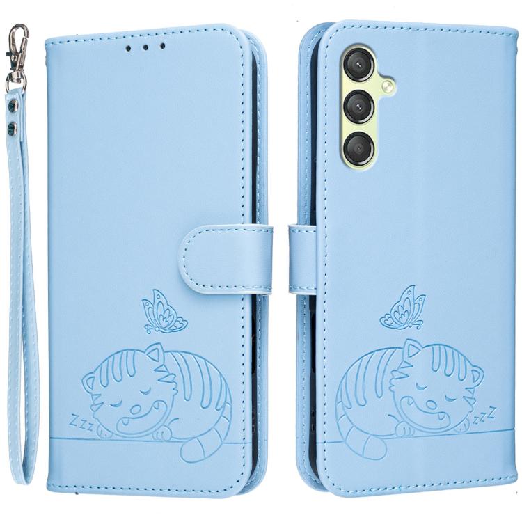 Custodia per telefono in ecopelle con cinturino e stampa a rilievo di gatto e farfalla, con protezione RFID., For Galaxy A25 5G, For Galaxy A24 4G, For Galaxy A34 5G