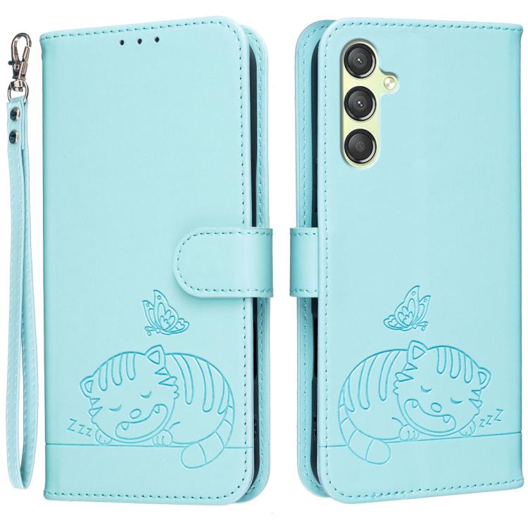 Custodia per telefono in ecopelle con cinturino e stampa a rilievo di gatto e farfalla, con protezione RFID., For Galaxy A25 5G, For Galaxy A24 4G, For Galaxy A34 5G