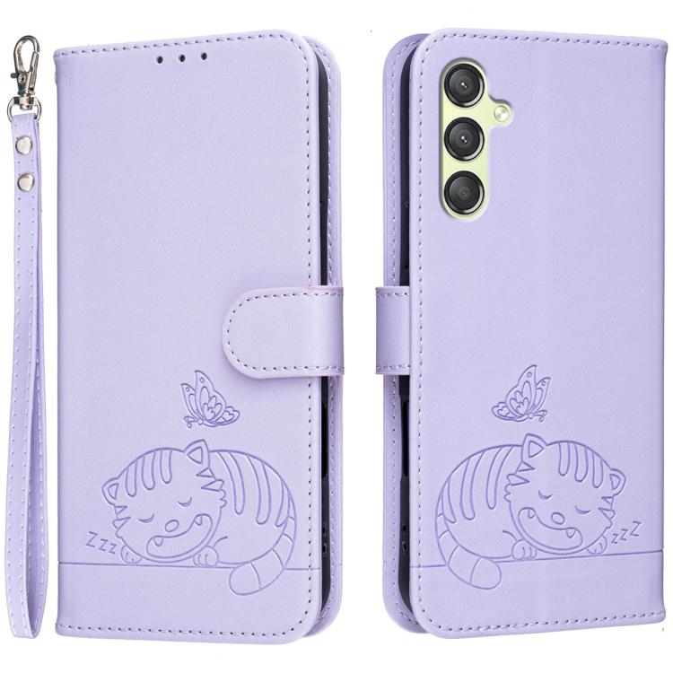 Custodia per telefono in ecopelle con cinturino e stampa a rilievo di gatto e farfalla, con protezione RFID., For Galaxy A25 5G, For Galaxy A24 4G, For Galaxy A34 5G
