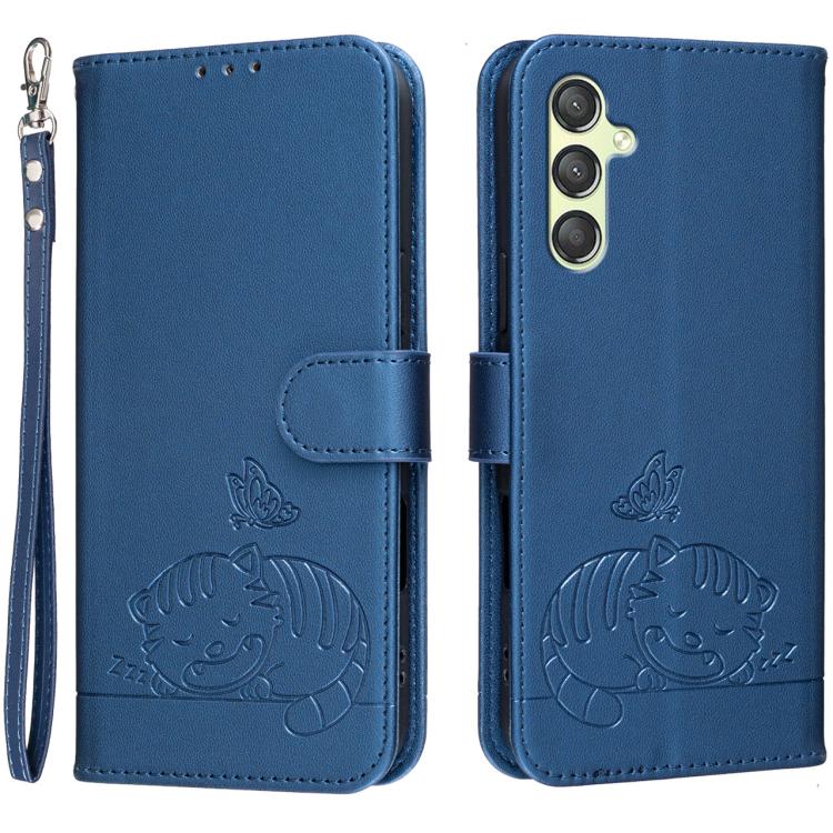 Custodia per telefono in ecopelle con cinturino e stampa a rilievo di gatto e farfalla, con protezione RFID., For Galaxy A25 5G, For Galaxy A24 4G, For Galaxy A34 5G