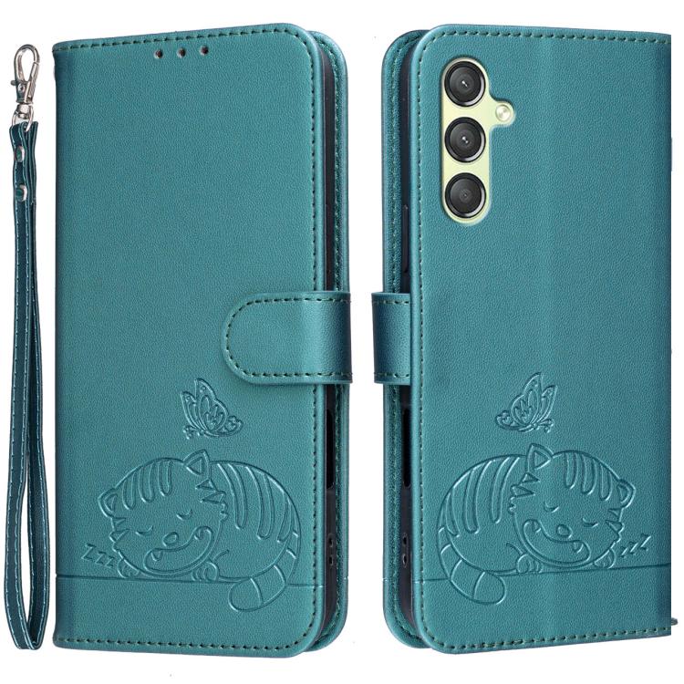 Custodia per telefono in ecopelle con cinturino e stampa a rilievo di gatto e farfalla, con protezione RFID., For Galaxy A25 5G, For Galaxy A24 4G, For Galaxy A34 5G