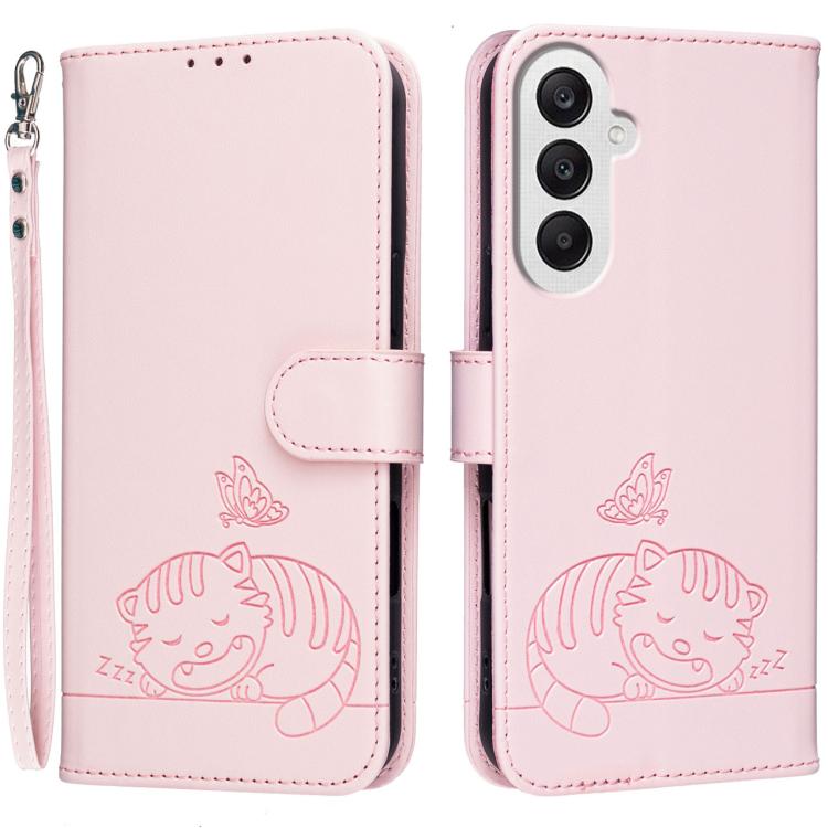 Custodia per telefono in ecopelle con cinturino e stampa a rilievo di gatto e farfalla, con protezione RFID., For Galaxy A25 5G, For Galaxy A24 4G, For Galaxy A34 5G