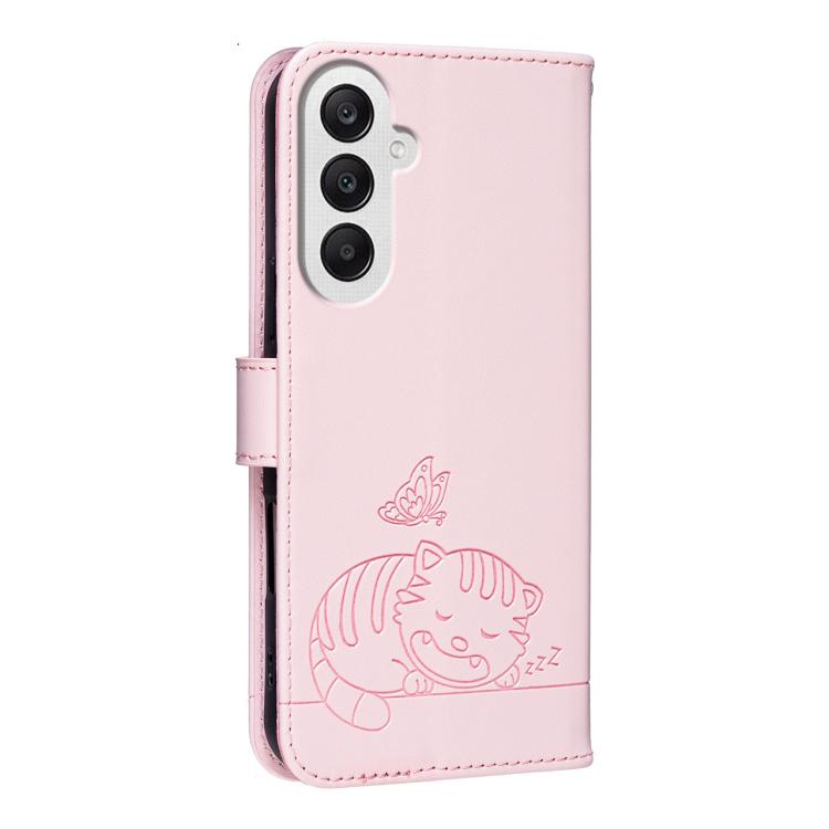 Custodia per telefono in ecopelle con cinturino e stampa a rilievo di gatto e farfalla, con protezione RFID., For Galaxy A25 5G, For Galaxy A24 4G, For Galaxy A34 5G