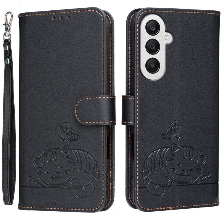 Custodia per telefono in ecopelle con cinturino e stampa a rilievo di gatto e farfalla, con protezione RFID., For Galaxy A25 5G, For Galaxy A24 4G, For Galaxy A34 5G