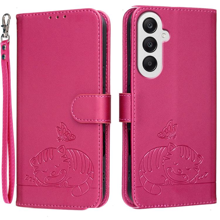 Custodia per telefono in ecopelle con cinturino e stampa a rilievo di gatto e farfalla, con protezione RFID., For Galaxy A25 5G, For Galaxy A24 4G, For Galaxy A34 5G