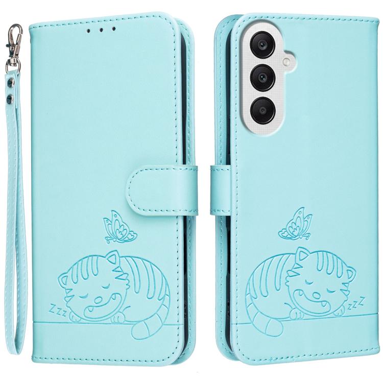 Custodia per telefono in ecopelle con cinturino e stampa a rilievo di gatto e farfalla, con protezione RFID., For Galaxy A25 5G, For Galaxy A24 4G, For Galaxy A34 5G