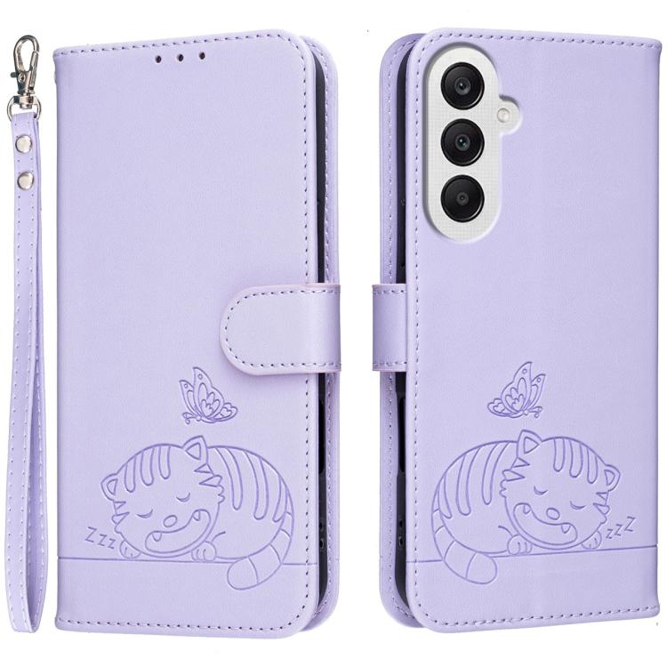 Custodia per telefono in ecopelle con cinturino e stampa a rilievo di gatto e farfalla, con protezione RFID., For Galaxy A25 5G, For Galaxy A24 4G, For Galaxy A34 5G