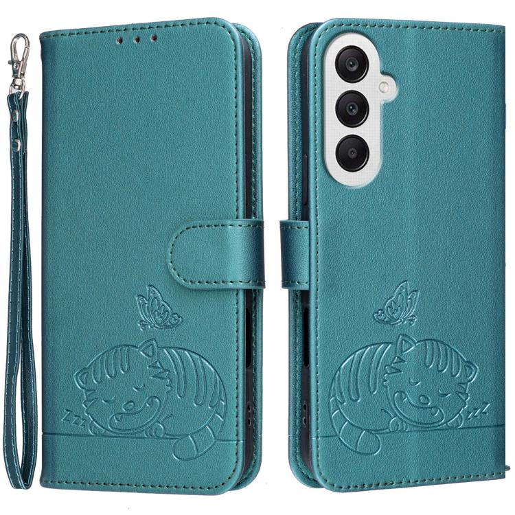 Custodia per telefono in ecopelle con cinturino e stampa a rilievo di gatto e farfalla, con protezione RFID., For Galaxy A25 5G, For Galaxy A24 4G, For Galaxy A34 5G