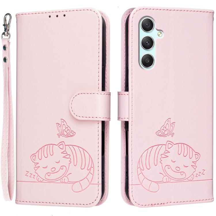 Custodia per telefono in ecopelle con cinturino e stampa a rilievo di gatto e farfalla, con protezione RFID., For Galaxy A25 5G, For Galaxy A24 4G, For Galaxy A34 5G