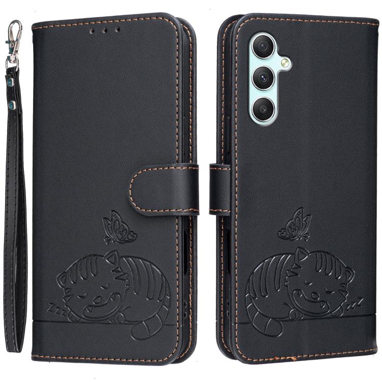 Custodia per telefono in ecopelle con cinturino e stampa a rilievo di gatto e farfalla, con protezione RFID., For Galaxy A25 5G, For Galaxy A24 4G, For Galaxy A34 5G