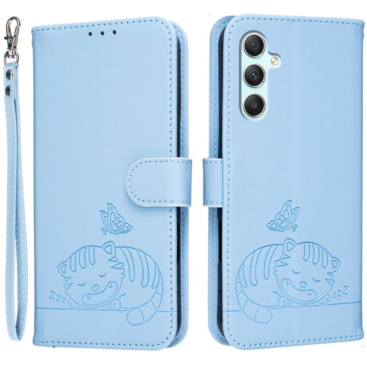 Custodia per telefono in ecopelle con cinturino e stampa a rilievo di gatto e farfalla, con protezione RFID., For Galaxy A25 5G, For Galaxy A24 4G, For Galaxy A34 5G