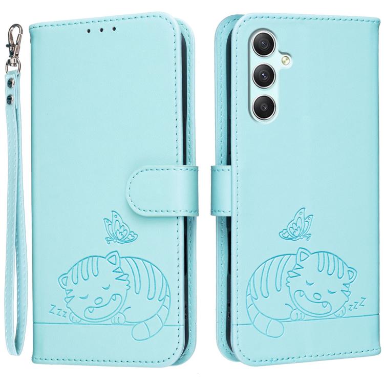 Custodia per telefono in ecopelle con cinturino e stampa a rilievo di gatto e farfalla, con protezione RFID., For Galaxy A25 5G, For Galaxy A24 4G, For Galaxy A34 5G