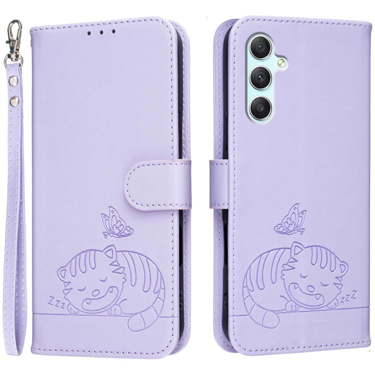 Custodia per telefono in ecopelle con cinturino e stampa a rilievo di gatto e farfalla, con protezione RFID., For Galaxy A25 5G, For Galaxy A24 4G, For Galaxy A34 5G