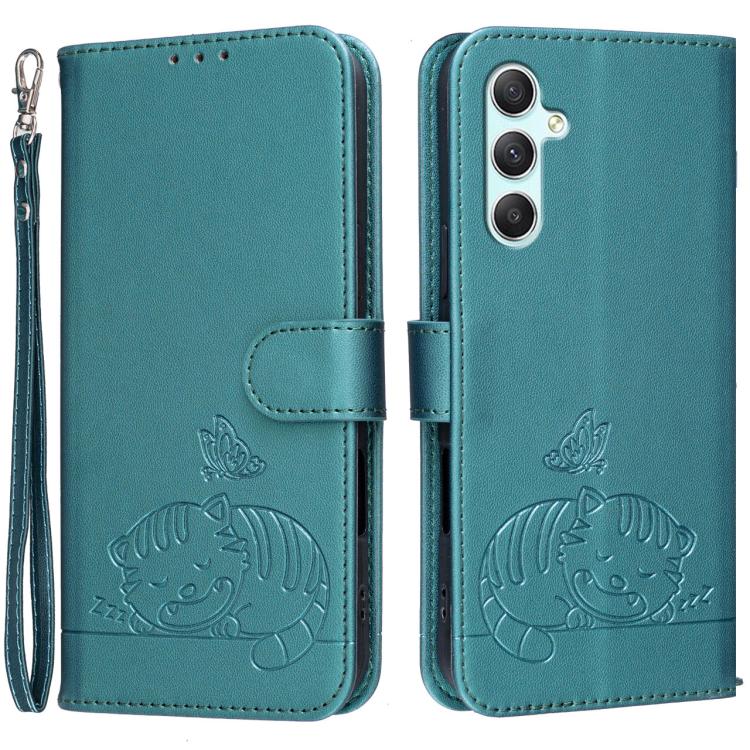 Custodia per telefono in ecopelle con cinturino e stampa a rilievo di gatto e farfalla, con protezione RFID., For Galaxy A25 5G, For Galaxy A24 4G, For Galaxy A34 5G
