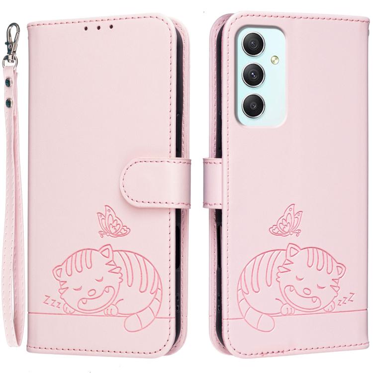 Custodia per telefono in ecopelle con cinturino e stampa a rilievo di gatto e farfalla, con protezione RFID., For Galaxy A35 5G, For Galaxy A05, For Galaxy A05s