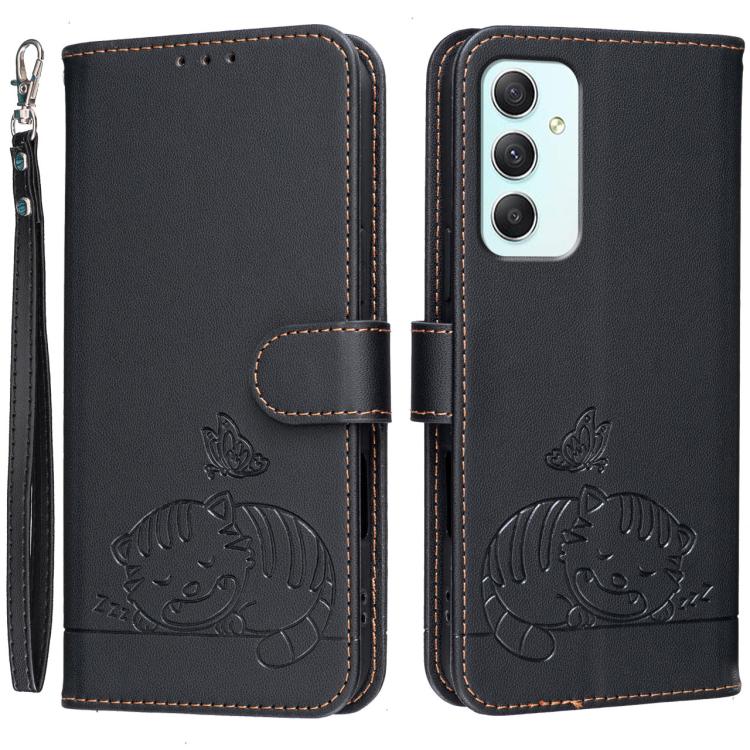 Custodia per telefono in ecopelle con cinturino e stampa a rilievo di gatto e farfalla, con protezione RFID., For Galaxy A35 5G, For Galaxy A05, For Galaxy A05s