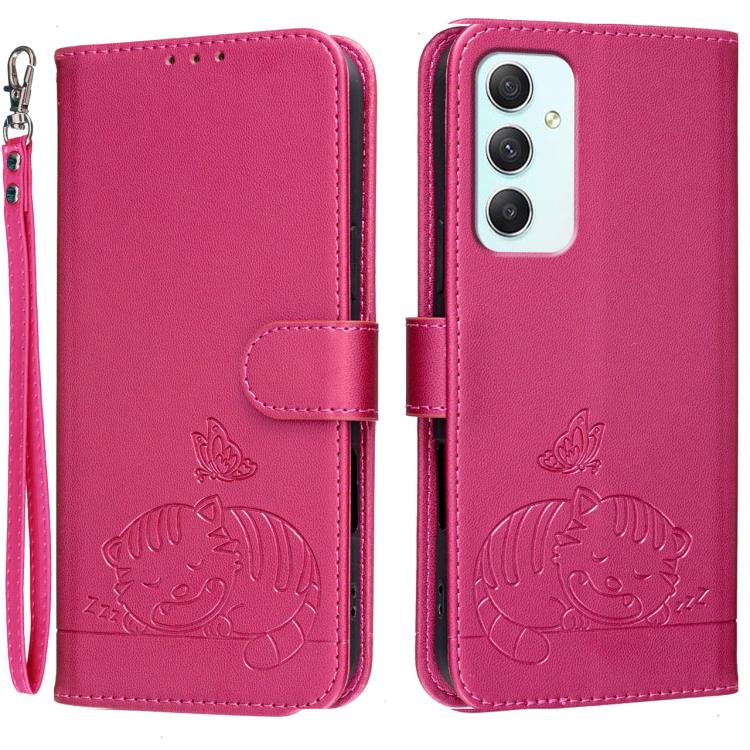 Custodia per telefono in ecopelle con cinturino e stampa a rilievo di gatto e farfalla, con protezione RFID., For Galaxy A35 5G, For Galaxy A05, For Galaxy A05s