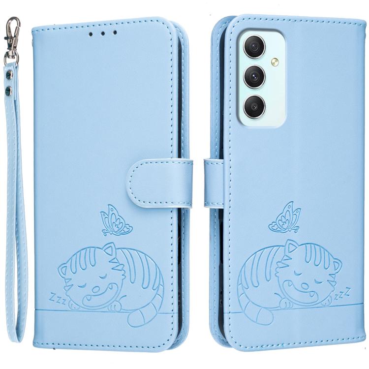 Custodia per telefono in ecopelle con cinturino e stampa a rilievo di gatto e farfalla, con protezione RFID., For Galaxy A35 5G, For Galaxy A05, For Galaxy A05s