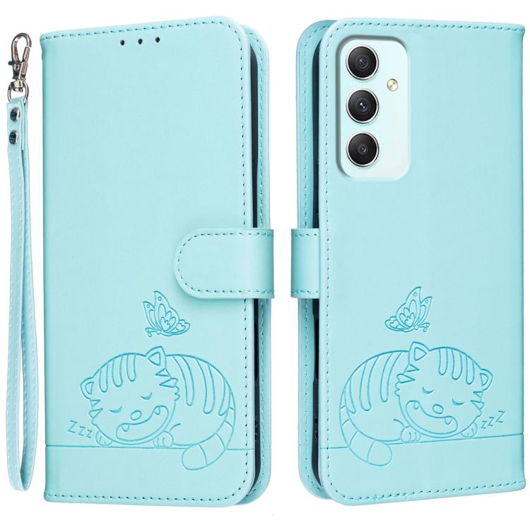 Custodia per telefono in ecopelle con cinturino e stampa a rilievo di gatto e farfalla, con protezione RFID., For Galaxy A35 5G, For Galaxy A05, For Galaxy A05s