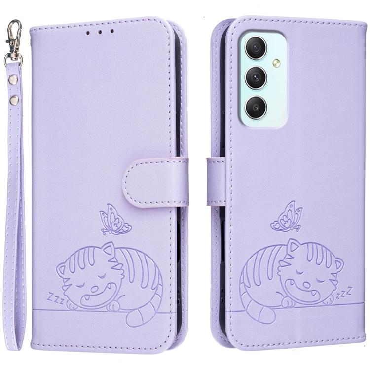 Custodia per telefono in ecopelle con cinturino e stampa a rilievo di gatto e farfalla, con protezione RFID., For Galaxy A35 5G, For Galaxy A05, For Galaxy A05s