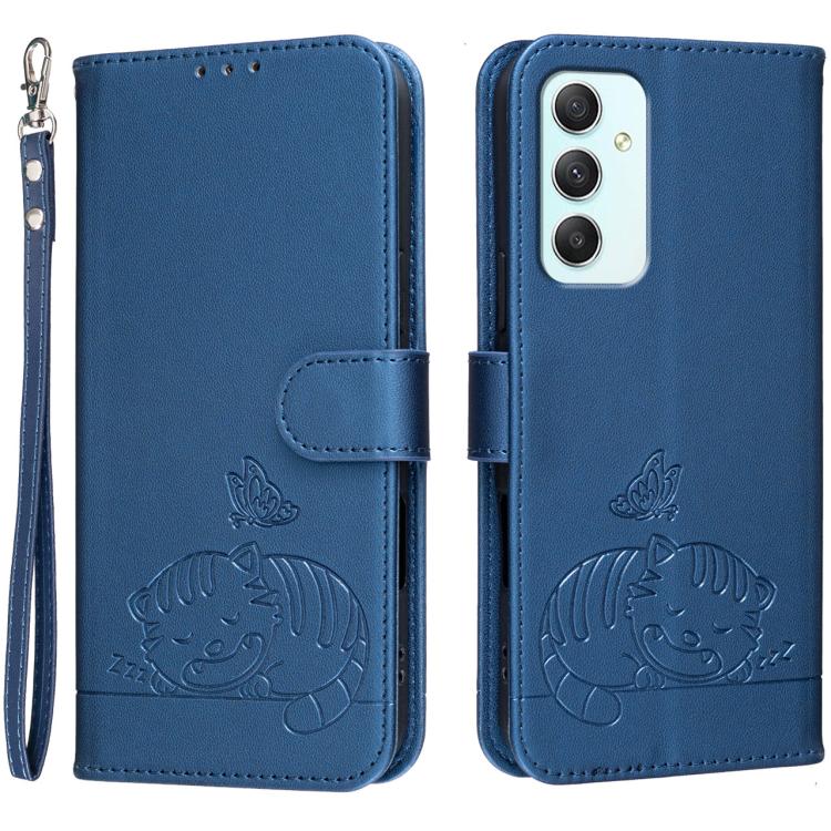 Custodia per telefono in ecopelle con cinturino e stampa a rilievo di gatto e farfalla, con protezione RFID., For Galaxy A35 5G, For Galaxy A05, For Galaxy A05s