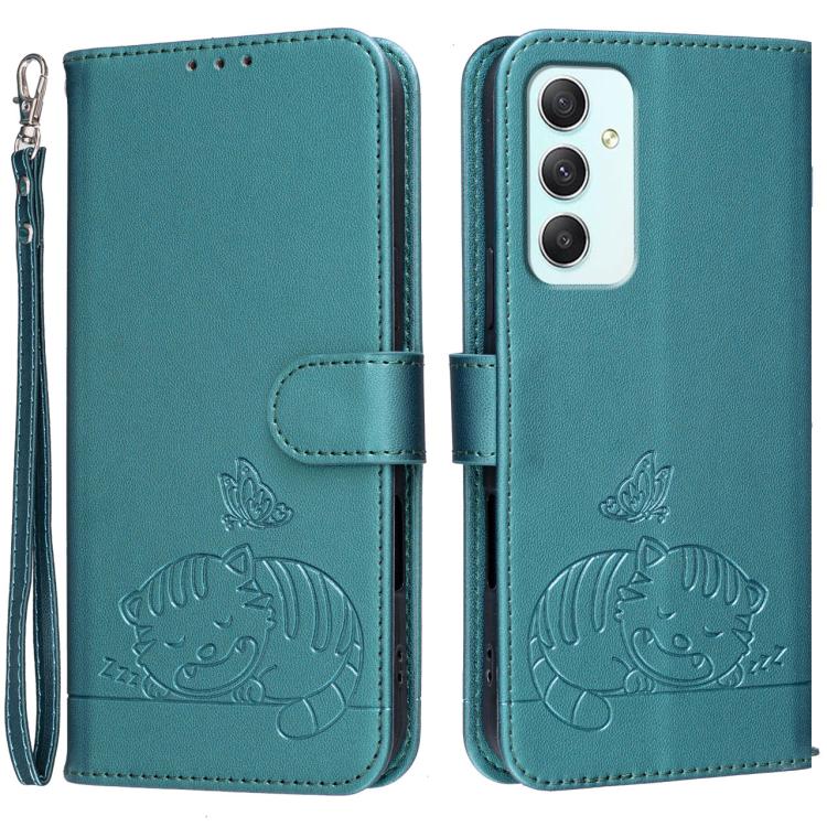 Custodia per telefono in ecopelle con cinturino e stampa a rilievo di gatto e farfalla, con protezione RFID., For Galaxy A35 5G, For Galaxy A05, For Galaxy A05s