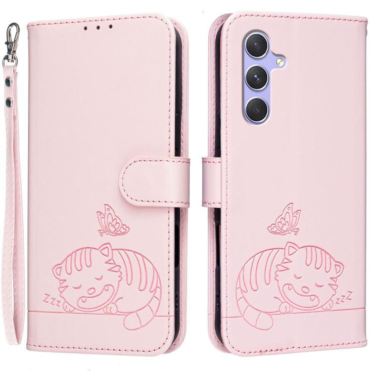 Custodia per telefono in ecopelle con cinturino e stampa a rilievo di gatto e farfalla, con protezione RFID., For Galaxy A54 5G, For Galaxy A14 5G