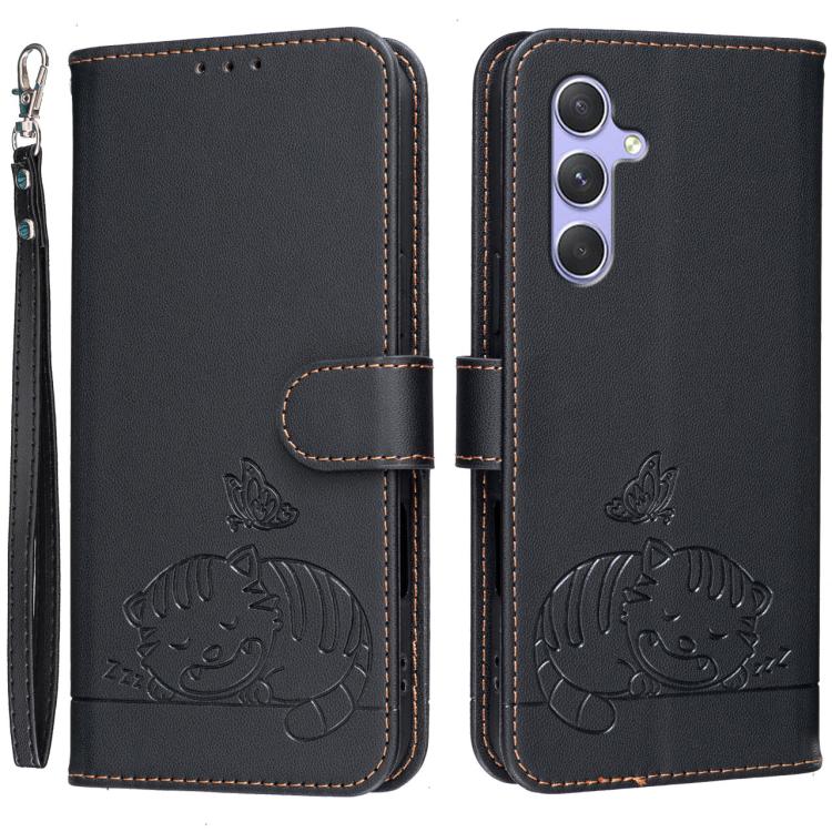 Custodia per telefono in ecopelle con cinturino e stampa a rilievo di gatto e farfalla, con protezione RFID., For Galaxy A54 5G, For Galaxy A14 5G