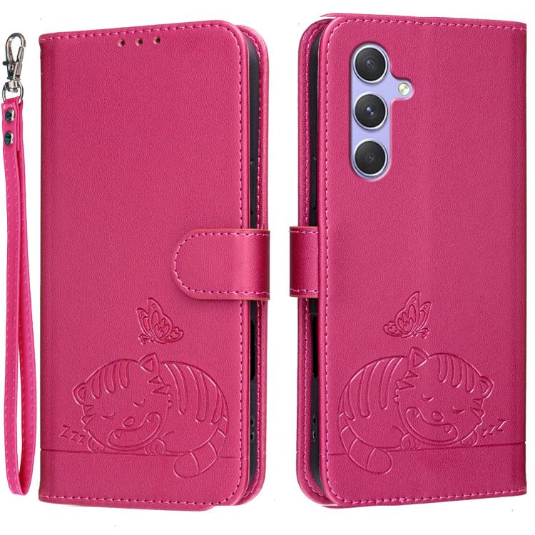 Custodia per telefono in ecopelle con cinturino e stampa a rilievo di gatto e farfalla, con protezione RFID., For Galaxy A54 5G, For Galaxy A14 5G