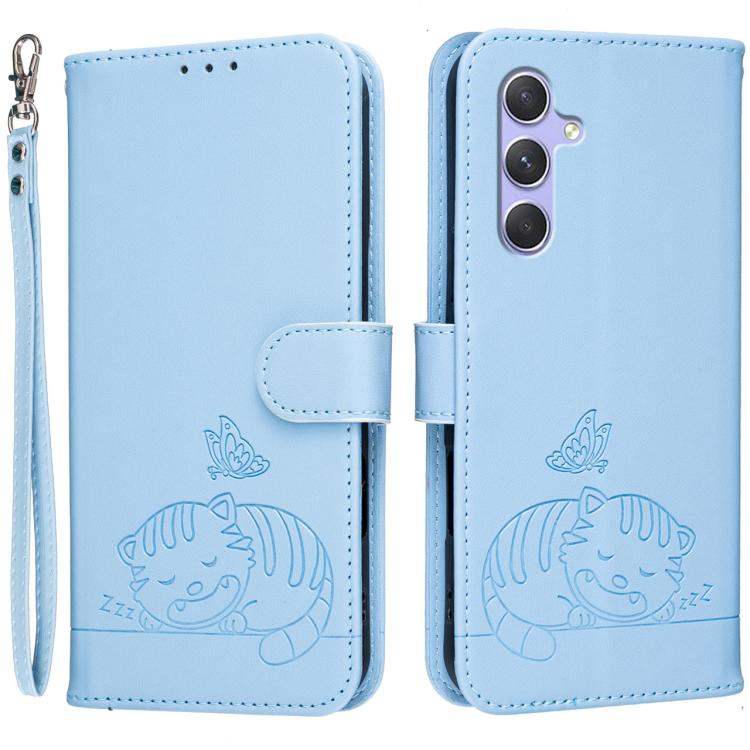 Custodia per telefono in ecopelle con cinturino e stampa a rilievo di gatto e farfalla, con protezione RFID., For Galaxy A54 5G, For Galaxy A14 5G