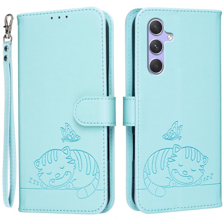 Custodia per telefono in ecopelle con cinturino e stampa a rilievo di gatto e farfalla, con protezione RFID., For Galaxy A54 5G, For Galaxy A14 5G