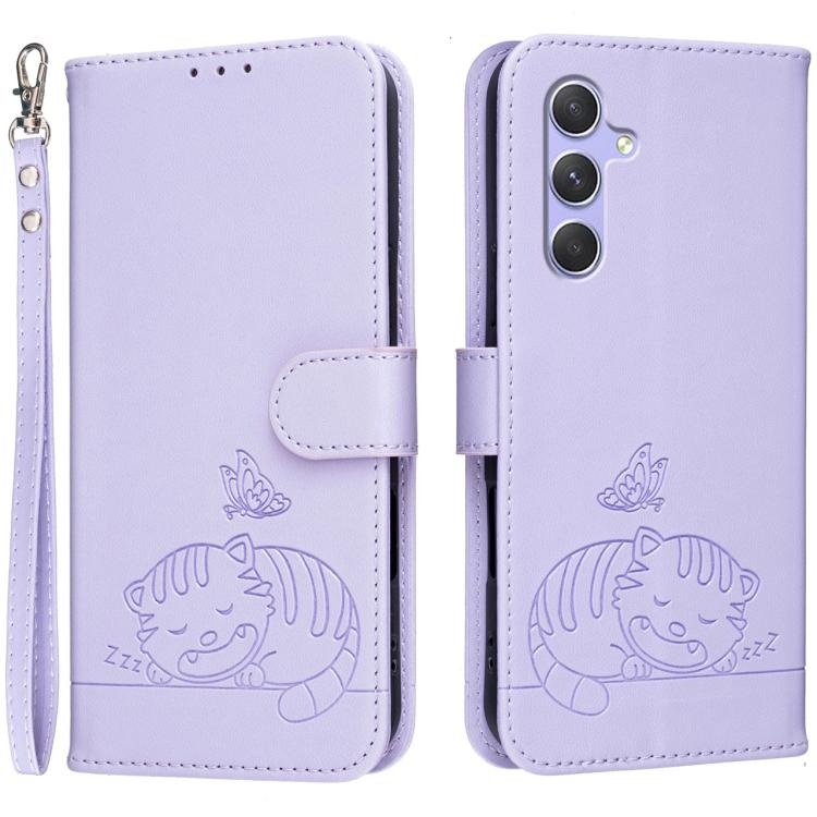 Custodia per telefono in ecopelle con cinturino e stampa a rilievo di gatto e farfalla, con protezione RFID., For Galaxy A54 5G, For Galaxy A14 5G
