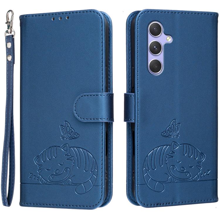 Custodia per telefono in ecopelle con cinturino e stampa a rilievo di gatto e farfalla, con protezione RFID., For Galaxy A54 5G, For Galaxy A14 5G