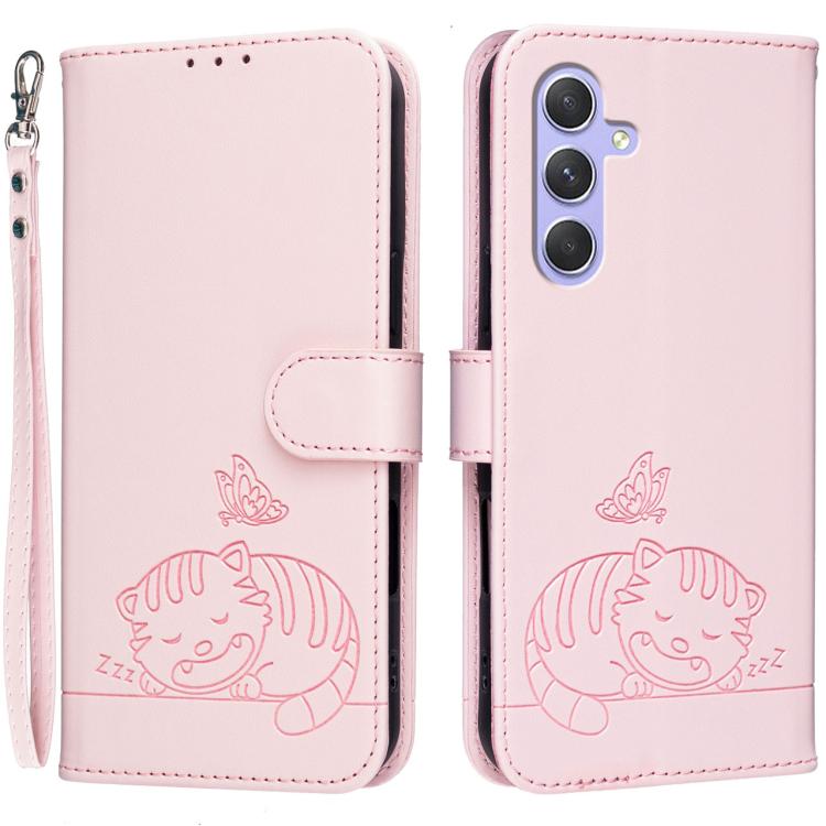 Custodia per telefono in ecopelle con cinturino e stampa a rilievo di gatto e farfalla, con protezione RFID., For Galaxy A16 5G / 4G, For Galaxy A15 5G, For Galaxy A55 5G