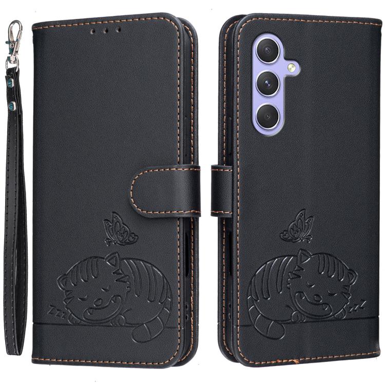 Custodia per telefono in ecopelle con cinturino e stampa a rilievo di gatto e farfalla, con protezione RFID., For Galaxy A16 5G / 4G, For Galaxy A15 5G, For Galaxy A55 5G