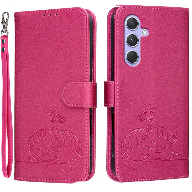 Custodia per telefono in ecopelle con cinturino e stampa a rilievo di gatto e farfalla, con protezione RFID., For Galaxy A16 5G / 4G, For Galaxy A15 5G, For Galaxy A55 5G