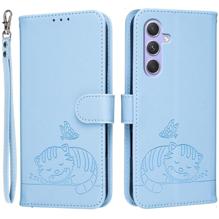 Custodia per telefono in ecopelle con cinturino e stampa a rilievo di gatto e farfalla, con protezione RFID., For Galaxy A16 5G / 4G, For Galaxy A15 5G, For Galaxy A55 5G